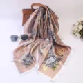 Elegant satin silk square scarf featuring luxurious rose floral and chain print for women. - 90cm / Beige Rose Chain
