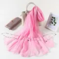 Pink chiffon scarf for women, lightweight summer sunscreen shawl with elegant pearl chain. - Light Pink