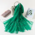 Green ice silk scarf for women, elegant long chiffon shawl with stylish pearl chain decoration. - Dark Green