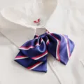 Children's school uniform striped ribbon bow tie matched with white shirt for kids daily wear. - Large Double-Layered Bow with Blue & Rose Stripes