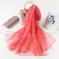 Solid Color Coral Pink Ice Silk Chiffon Scarf Elegant Lightweight Sunscreen Shawl for Women - Watermelon red