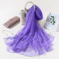 Purple solid color ice silk large chiffon scarf with pearl chain for summer and autumn. - Violet