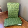Green paper gift bag and box set for luxury packaging, elegant damask patterned design. - Green Lid and Base Gift Boxes