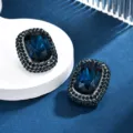 Pendientes geométricos vintage con circonita azul oscura y aguja de plata para elegantes vestidos. - Estilo Cuadrado Geométrico / Azul marino