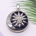 Silver-tone sun and moon face pendant necklace with deep blue lapis lazuli inlay. - 28x36mm, 12g / Synthetic Lapis Lazuli
