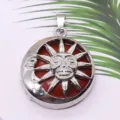 Ethnic style sun and moon pendant with natural red gemstone inlay, silver alloy DIY jewelry. - 28x36mm, 12g / Red Jasper