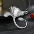 Full-zircon lily flower brooch pin, sparkling crystal cubic zirconia jewelry for women dress. - Silver