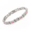 Elegant women's magnetic therapy bracelet featuring pink crystals and silver-tone alloy design - Silver - Pink Rhinestone