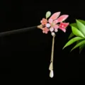 Elegant Chinese style sandalwood hairpin featuring pink resin flowers and butterfly tassel - Pink Flower and Butterfly Tassel Style (2856)