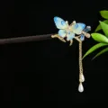 Elegant sandalwood hair stick with blue butterfly and pearl tassel for Hanfu styling - Blue and Yellow Gradient Butterfly Tassel Style (2852)