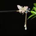 Handmade wooden hair stick with pink resin butterfly and gold tassel pearls - Gradient Pink and White Butterfly Light Purple Tassel Style (2853)