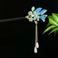 Elegant ebony hair stick featuring blue butterfly and flower tassel for Hanfu hairstyles - Blue-Green Floral Blue Butterfly Tassel Style (2854)