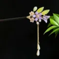 Traditional Chinese style wooden hair stick with purple floral butterfly tassel and pearl accents - Purple and Pink Floral Purple Butterfly Tassel Style (2855)