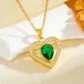 Golden heart geometric zircon pendant necklace featuring a pear green stone and clear stones. - Teardrop Heart Style (T014) / Gold Green Rhinestone