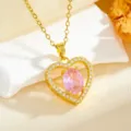 Elegant gold-plated heart pendant necklace featuring a sparkling pink oval cubic zirconia stone. - Oval Heart Style (T014) / Gold Pink Stone