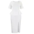 Dettaglio dell'abito peplum bianco elegante con spacco frontale e decoro a rosa - Taglia S / Vestiti / Bianco