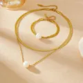 Gold stainless steel double layer snake chain pearl necklace and bracelet set for women - D704-K708 Natural Pearl Jewelry Set / Necklace And Bracelet Set / Gold