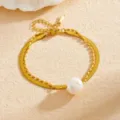 Double layer stainless steel gold bracelet with natural freshwater pearl pendant chic design - K708 Natural Pearl Bracelet / Gold