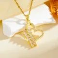 Gold tone heart leaf zirconia pendant necklace close up view detail shot elegant - Heart Leaf With White Stones(T059) / Gold