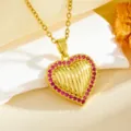 Gold stainless steel heart pendant necklace with pink cubic zirconia stones for women. - Solid Heart With Red Stone(T059) / Gold