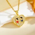 Gold heart pendant necklace with shimmering cubic zirconia and cute enameled kids detail. - Red And Blue Eyes Heart(T059) / Gold