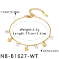 Gold stainless steel charm bracelet with rose and crystal pendants, elegant jewelry for women. - Bracelet / White