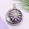 Ethnic style sun and moon alloy pendant with natural purple gemstone for DIY jewelry making. - 28x36mm, 12g / Purple Crystal