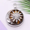 Silver alloy sun and moon tiger eye pendant ethnic style DIY jewelry accessory charm - 28x36mm, 12g / Tiger's Eye