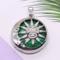 Silver sun moon alloy pendant with natural malachite gemstone for DIY jewelry making. - 28x36mm, 12g / Malachite