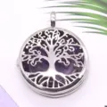 Zilverkleurige legering levensboom medaillon hanger ketting met paarse kristallen steen. - 26x32mm / Amethist
