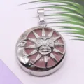 Silver sun and moon pendant pink crystal boho vintage style jewelry charm DIY accessory - 28x36mm, 12g / Rose Quartz