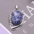 Ovaler Legierungsanhänger mit Halbedelstein und Strass-Einfassung für DIY-Schmuck - 26x40mm, 10g / Blaupunktstein