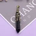 Vintage black crystal hexagonal column pendant with ornate bronze filigree cap DIY jewelry. - 12x75mm, 14g / Black Agate
