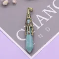 Vintage Natural Stone Hexagonal Pillar Crystal Pendant Hollow Bronze Jewelry DIY Necklace Accessory - 12x75mm, 14g / Amazonite
