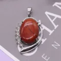 Ovaler roter Edelstein Anhänger silberne Legierung Strass Seitendesign DIY Halskette Schmuck - 26x40mm, 10g / Roter Jaspis