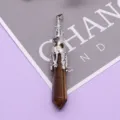 Natürlicher Tigerauge Edelstein Sechseckige Säule Anhänger Silber Hohler DIY Halskette Schmuck - 12x75mm / Tigerauge