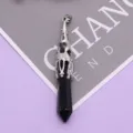 Natürlicher schwarzer Obsidian Kristall Sechseck Säule Anhänger mit silberner Metallöse. - 12x75mm / Schwarzer Achat