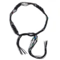 Close-up of bohemian black braided rope belt with colorful beads and tassel details for dress. - Black