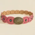 Retro bohemian women's belt with pink oval links, antique bronze buckle and turquoise stones. - Bronze Pink / 105cm