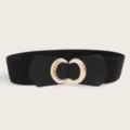 Detail view of wide elastic waist belt with gold metal double ring buckle for dresses and skirts. - 65cm / Black with Gold Buckle