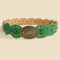 Bohemian turquoise women belt vintage green leather oval metal buckle dress accessory - Bronze Green / 105cm