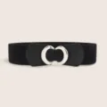 Women's black wide elastic waist belt with silver double ring interlocking metal buckle detail. - 65cm / Black Belt with Silver Buckle