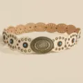 Detailed close-up shot of bohemian turquoise oval leather belt with vintage metal buckle. - Antique Bronze Beige / 105cm