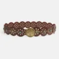 Western vintage brown leather disc waist belt with turquoise stones and carved metal buckle. - 105cm / Antique Bronze Red Brown