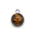 Round natural stone pendant charm, silver bezel electroplated DIY necklace jewelry accessory - 12x15mm / Tiger's Eye