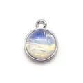 Round silver-plated metal pendant charm with sparkly stone inset for DIY necklace jewelry making. - 12x15mm / Opal