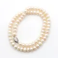 Echte Suesswasser Perlenkette doppelt Perlen Kette Damen Schmuck eleganter Halsschmuck - 010 Flache Perle (Yuanbao-Verschluss) / 7-8mm/42cm