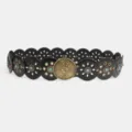 Vintage western style black leather waist belt with metal disc buckles and turquoise stones. - 105cm / Antique Bronze Black