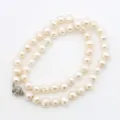 Doppelstrang Sueswasser Perlenkette mit silbernem Verschluss Variante weisse Perlen Schmuck - 016 Fast Runde Süßwasserperle (Blumenverschluss) / 7-8mm/43cm