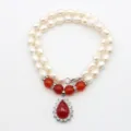 Doppelreihige Süßwasserperlen Halskette mit rotem Tropfenanhänger elegante Damenschmuck - 017 Rote Wassertropfen-Reisperle aus Süßwasser (Karabinerverschluss) / 8-9mm/44cm